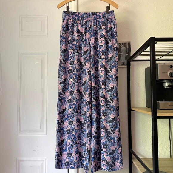 Marine Layer Pants - MARINE LAYER blue pink purple paint abstract floral tencel lyocell wide leg pant